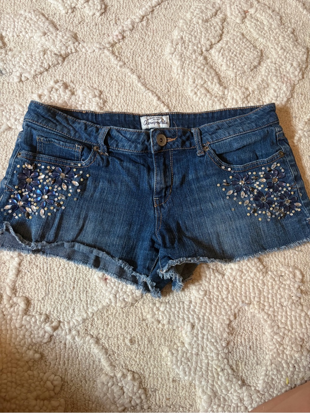 Aeropostale Dark Blue Denim Shorts with Rhinestone Floral Accents